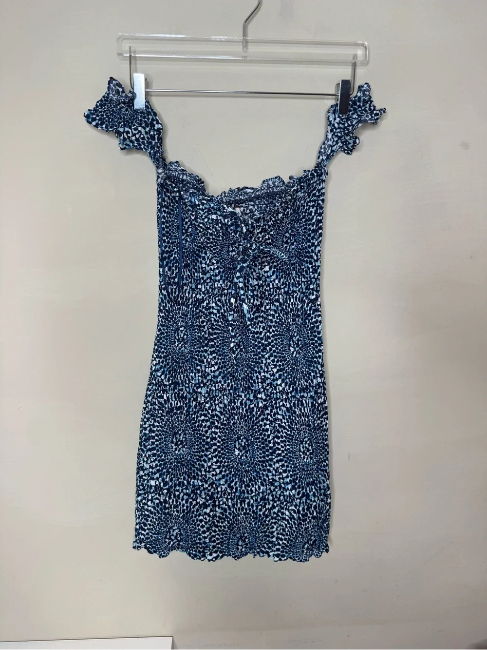 Free People Smocked Mini Dress Blue Print Cotton Size S/P